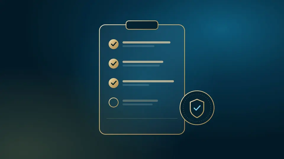 Illustrazione: una checklist con le voci spuntate e uno scudo